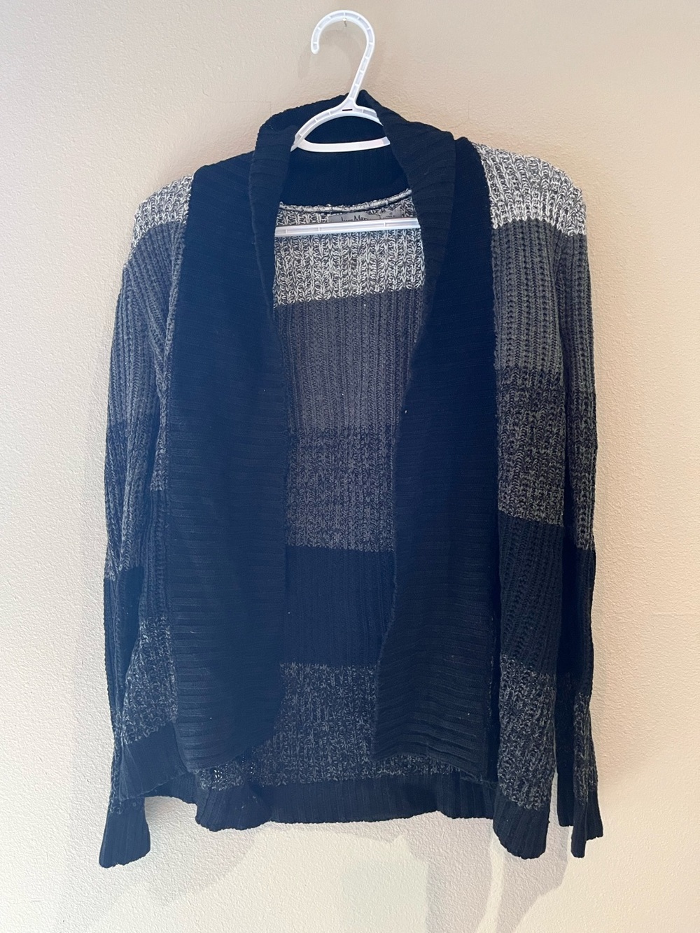 Womens Black and Gray Striped Open-Front Sweater Cardigan